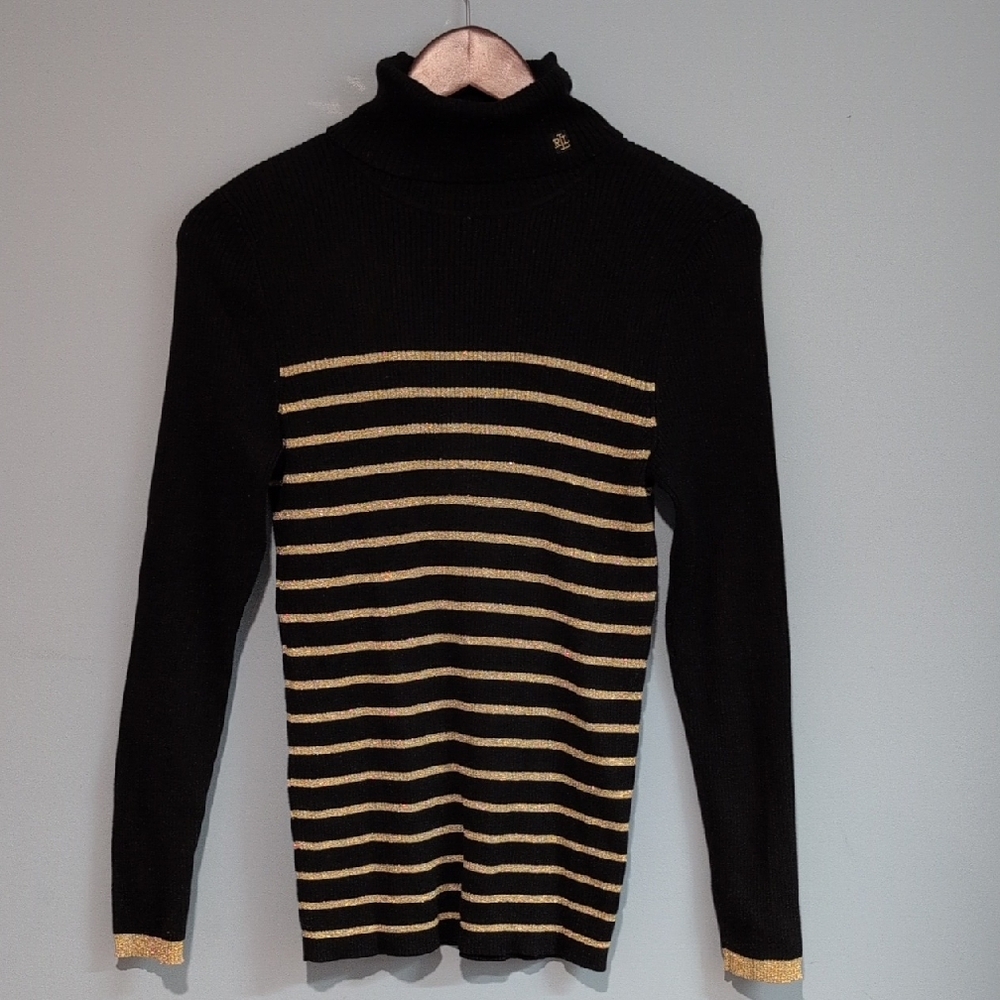 Lauren Ralph Lauren Black Turtleneck with Gold Stripes Size Medium